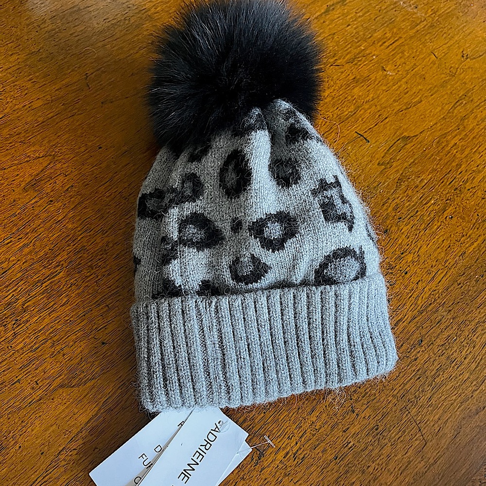 Brand new Adrienne Landau winter hat with leopard print design in gray and black